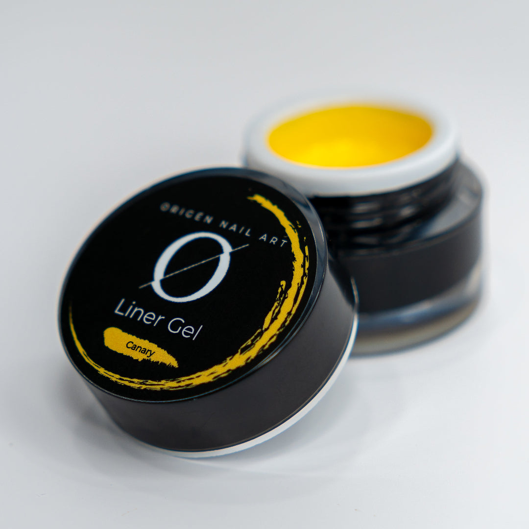 A container of ORIGÉNail Art Liner Gel with the lid open, showing the color Canary gel inside and the brand&