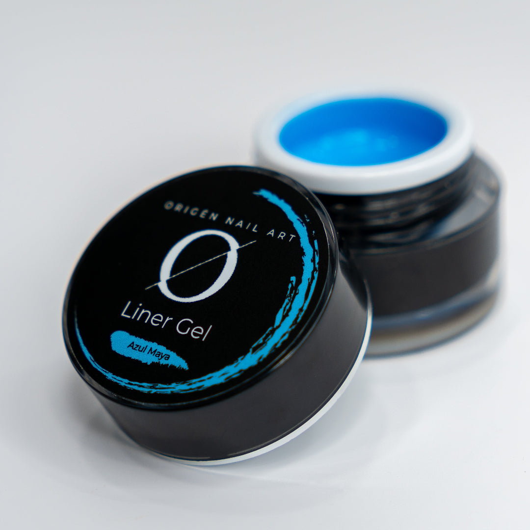 A container of ORIGÉN Nail Art Liner Gel with the lid off, showing the color Azul Maya blue-colored gel inside.