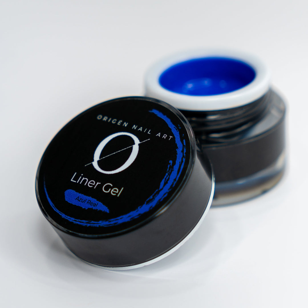 A container of ORIGEN Nail Art Liner Gel with the lid off, showing the color Azul Real product in a black and blue color.